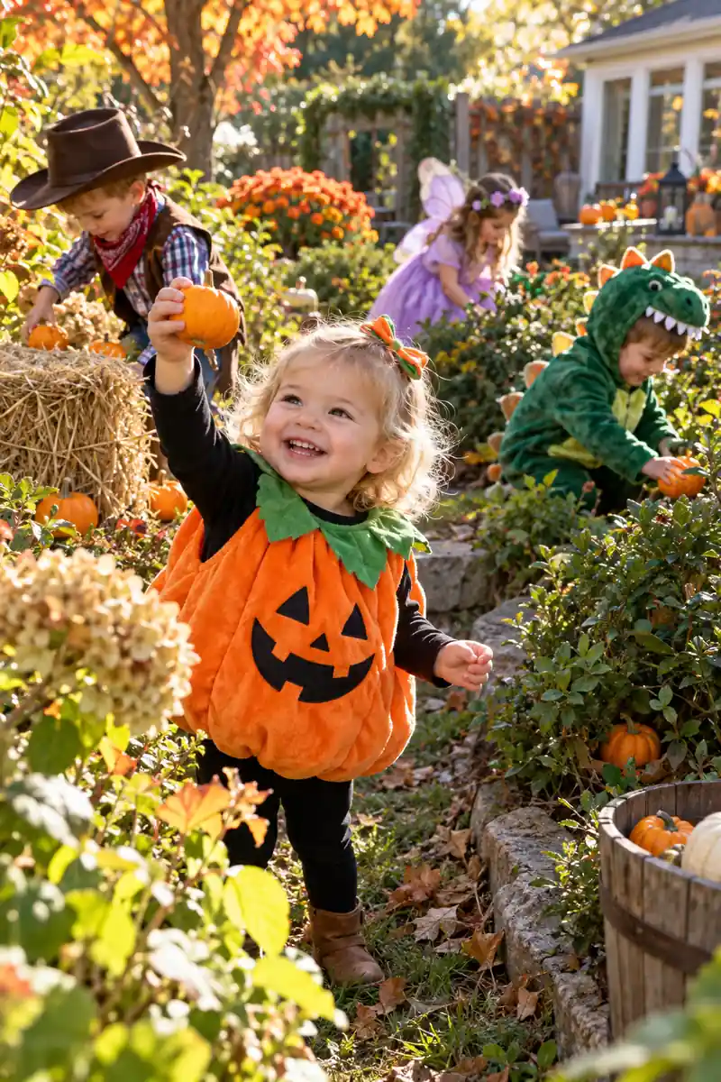 30 Halloween Party Ideas for Kids 15 Kids searching for hidden mini pumpkins in a backyard
