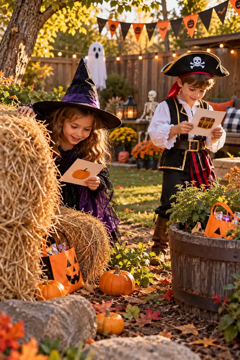 30 Halloween Party Ideas for Kids 9 Kids hunting for hidden treats with clue cards at a Halloween party
