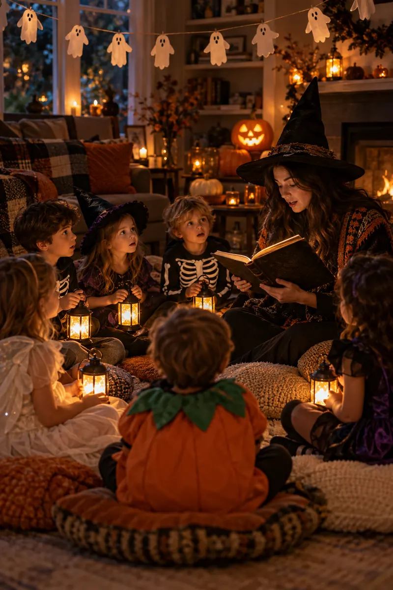 30 Halloween Party Ideas for Kids 8 Kids sitting in a circle listening to a spooky story with lanterns