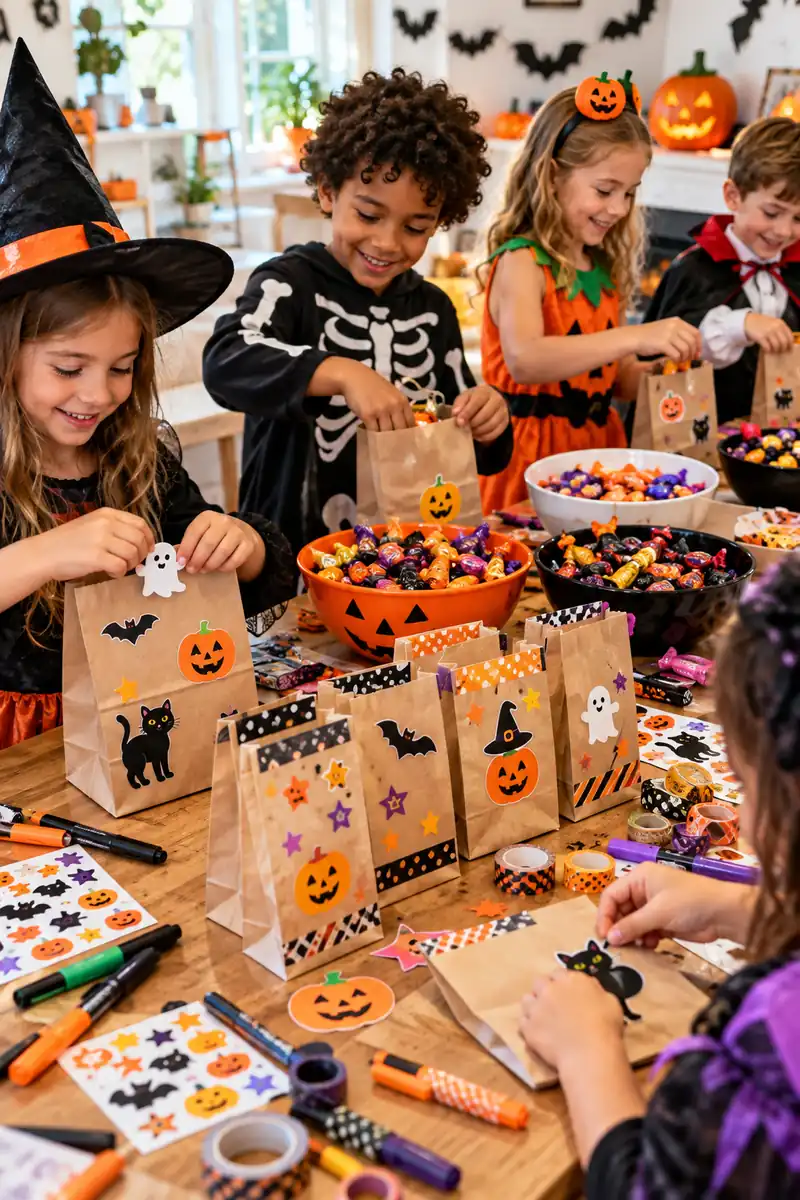 30 Halloween Party Ideas for Kids 14 Kids filling decorated treat bags with candy at a party station