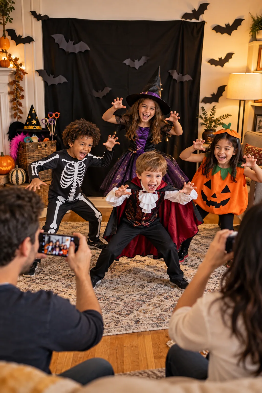 Children in Halloween costumes posing in front of a black sheet and paper bat photo backdrop while parents take pictures.