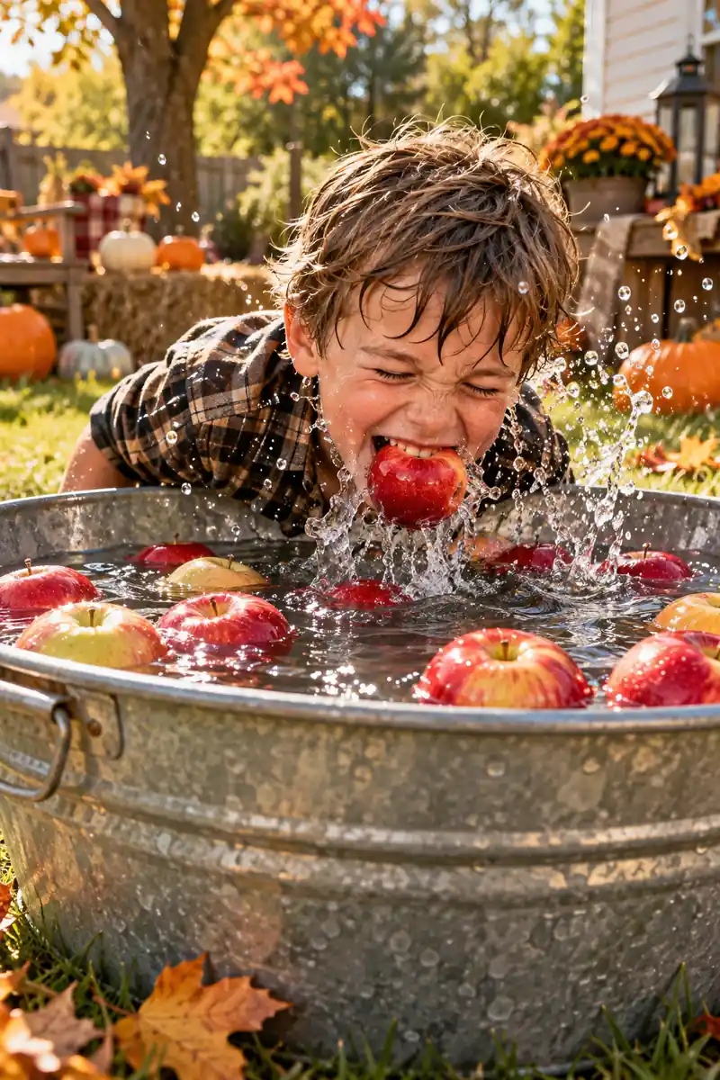 25 Halloween Scavenger Hunt Ideas for Kids 12 Kid bobbing for apples with clue tags in a tub of water
