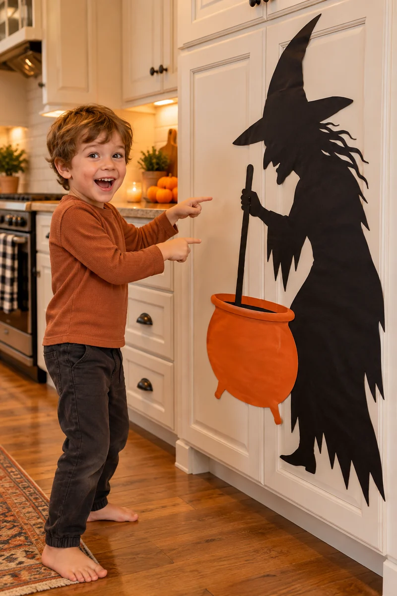 25 Halloween Scavenger Hunt Ideas for Kids 4 Child finding a paper witch cutout hidden in a kitchen