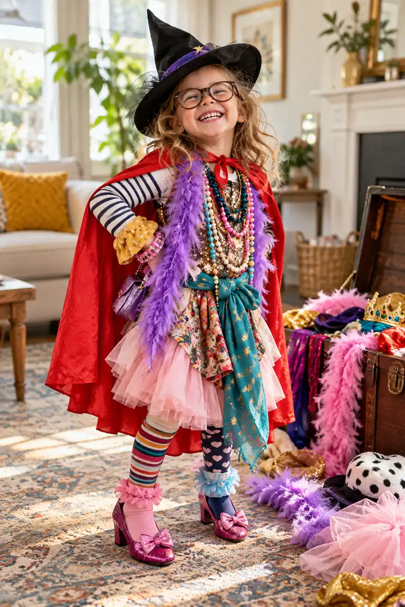 25 Halloween Scavenger Hunt Ideas for Kids 9 Kid laughing while wearing a pile of silly costume pieces
