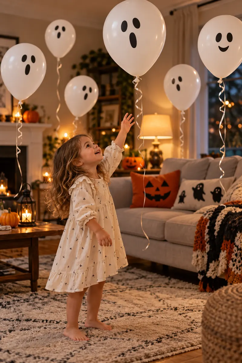 25 Halloween Scavenger Hunt Ideas for Kids 7 White ghost face balloons hidden around a living room
