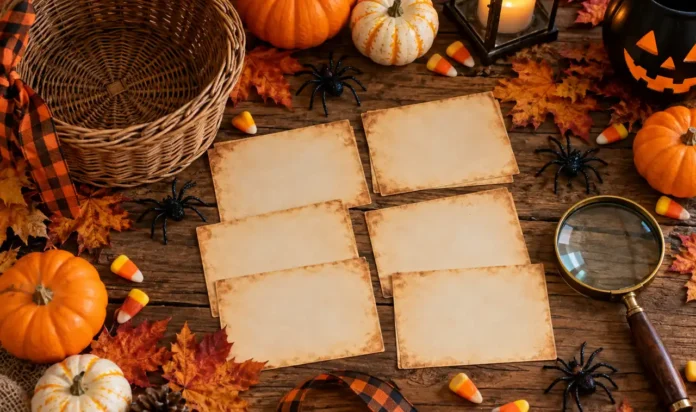 Halloween Scavenger Hunt Ideas for Kids Halloween scavenger hunt supplies flat lay on a wooden table