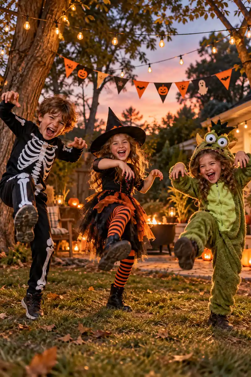 25 Halloween Scavenger Hunt Ideas for Kids 11 Kids doing a silly monster dance at a scavenger hunt dance break station