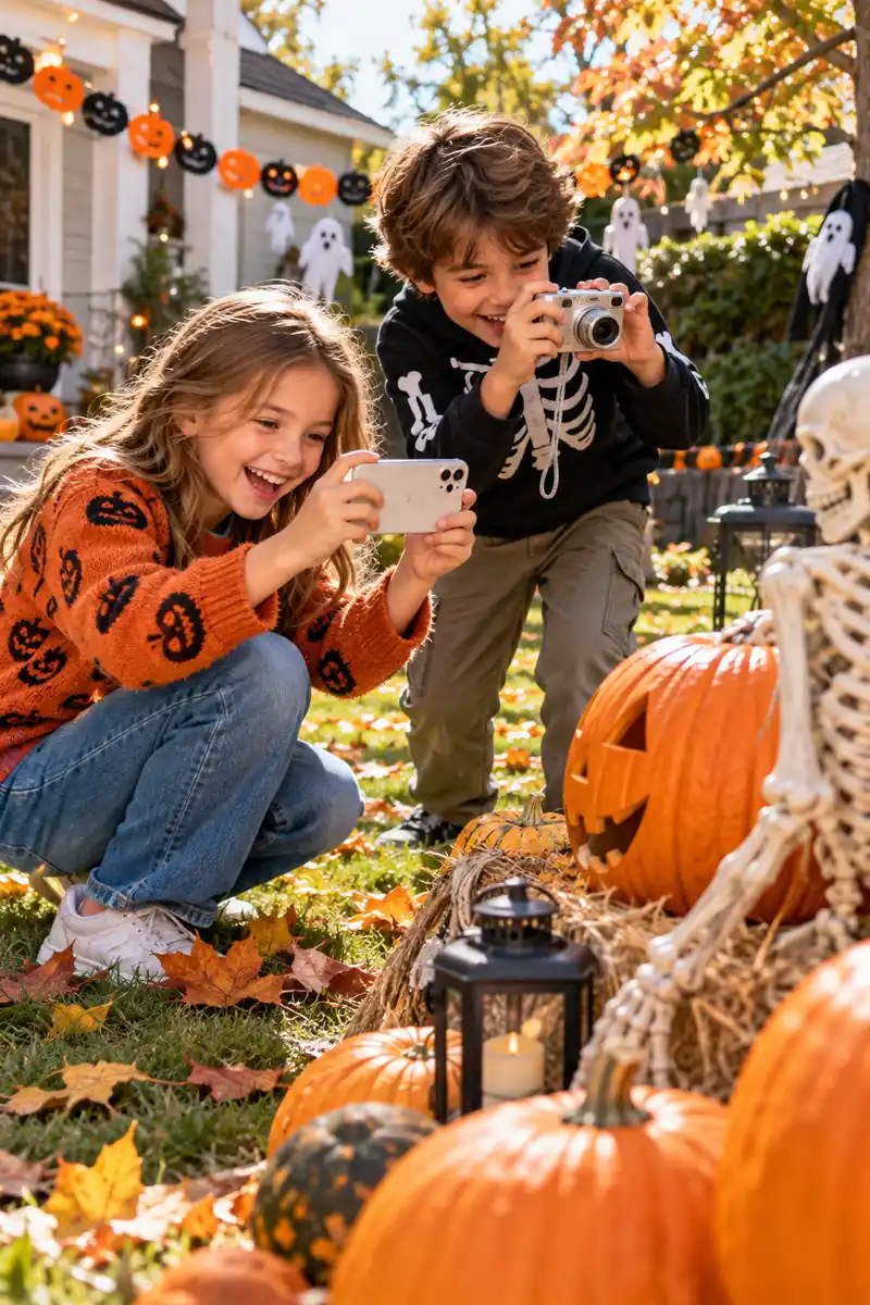 25 Halloween Scavenger Hunt Ideas for Kids 1 Kids photographing Halloween items on a photo scavenger hunt