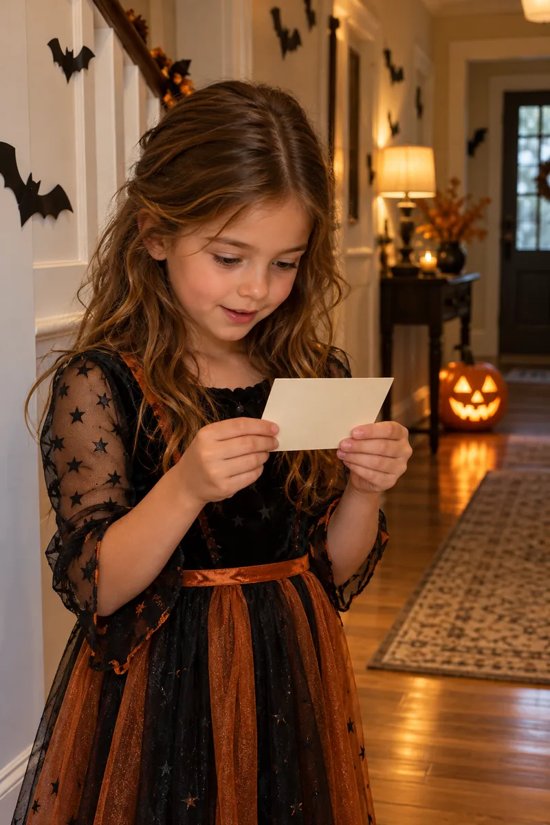 25 Halloween Scavenger Hunt Ideas for Kids 2 Child reading a Halloween riddle clue card in a hallway