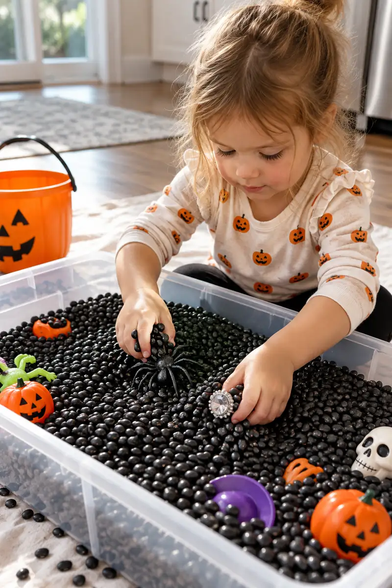 25 Halloween Scavenger Hunt Ideas for Kids 3 Toddler digging for plastic spiders in a Halloween sensory bin