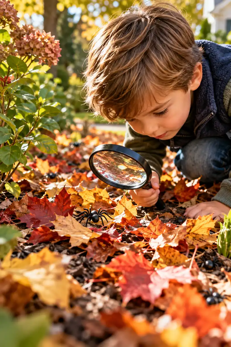 25 Halloween Scavenger Hunt Ideas for Kids 8 Kid searching for hidden plastic spiders with a magnifying glass