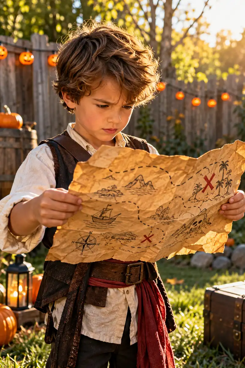 25 Halloween Scavenger Hunt Ideas for Kids 5 Kid holding a hand-drawn Halloween treasure map in a backyard