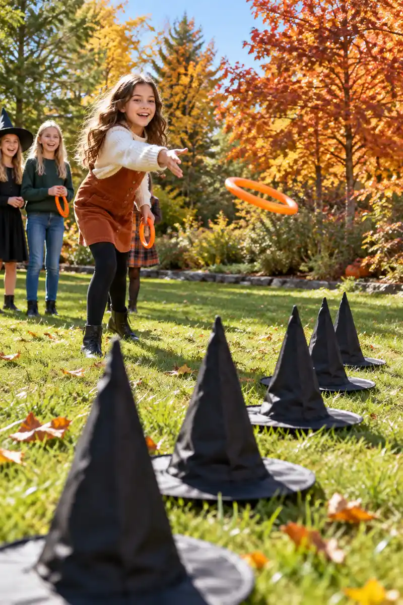 25 Halloween Scavenger Hunt Ideas for Kids 10 Kid tossing rings onto witch hats lined up on a lawn