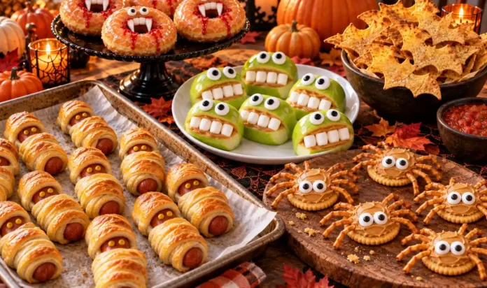 Easy Halloween Snacks Festive Halloween snack spread on a rustic wooden table