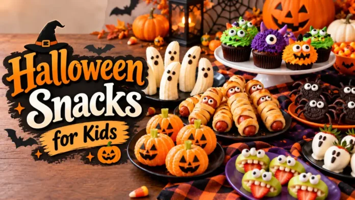 halloween-snacks-for-kids-easy-spooky-treats Easy Halloween snacks for kids featuring mummy hot dogs, banana ghosts, monster cupcakes, spider cookies, and pumpkin-shaped treats.