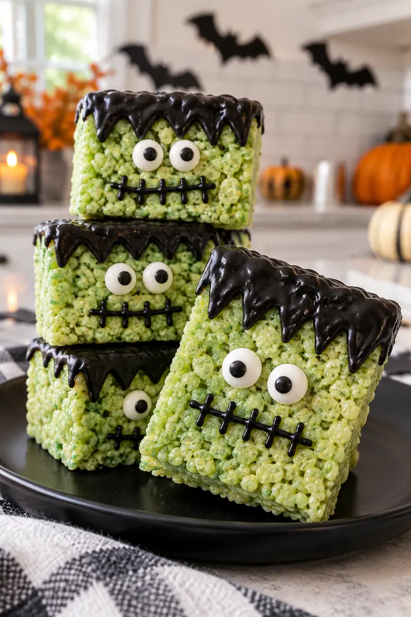 20 Easy Halloween Snacks You Can Make in Minutes 7 Frankenstein rice krispie treats with green coloring and candy eyes