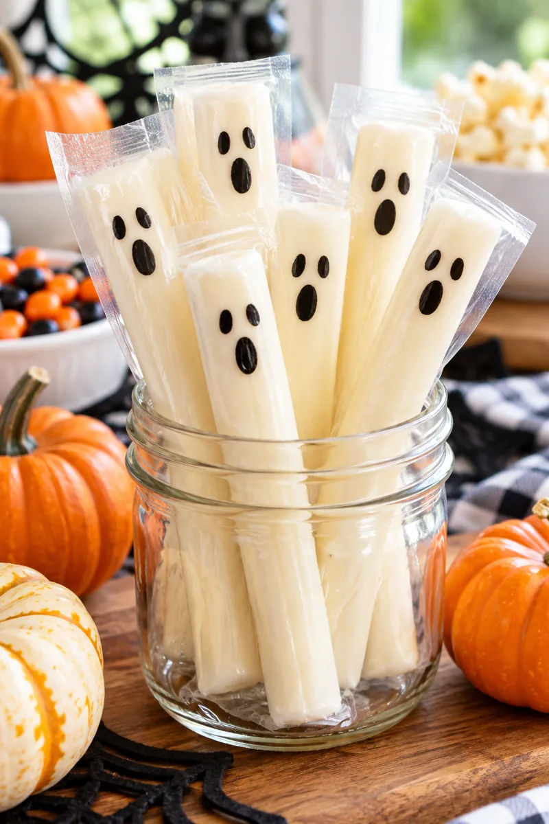 20 Easy Halloween Snacks You Can Make in Minutes 5 Ghost string cheese sticks with drawn faces