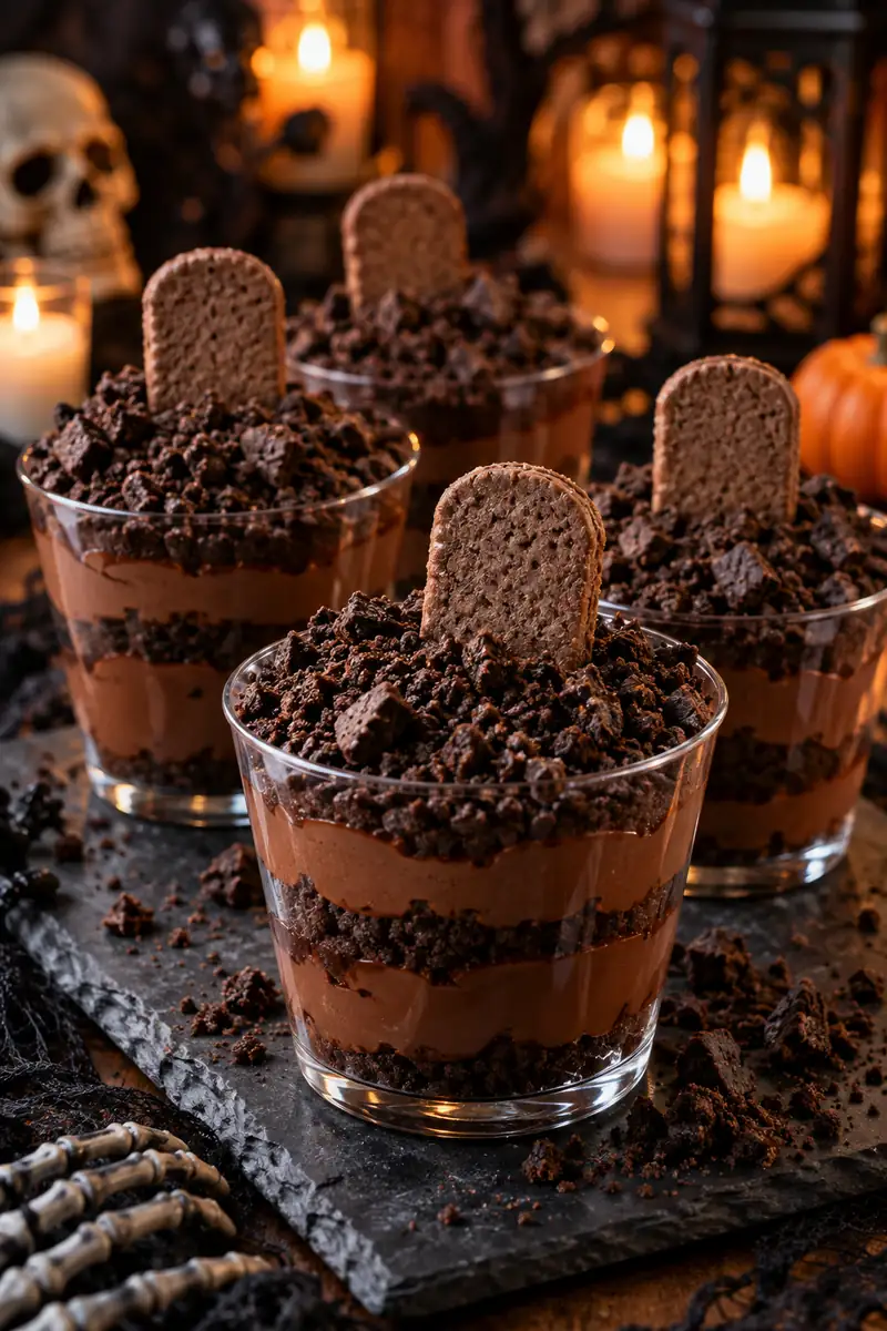 20 Easy Halloween Snacks You Can Make in Minutes 8 Graveyard dirt cups with chocolate pudding and cookie tombstones