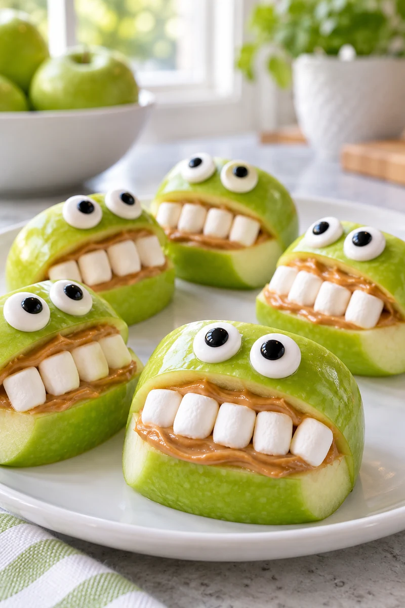 20 Easy Halloween Snacks You Can Make in Minutes 3 Monster apple bites with peanut butter and marshmallow teeth