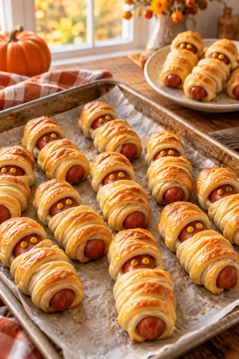 20 Easy Halloween Snacks You Can Make in Minutes 1 Mummy hot dogs wrapped in crescent dough with mustard eyes on a baking tray