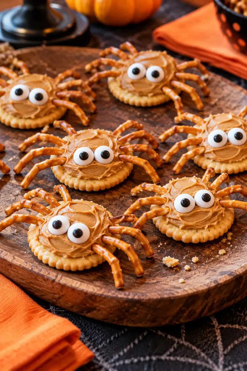 20 Easy Halloween Snacks You Can Make in Minutes 2 Spider crackers with pretzel legs and candy eyes on a platter