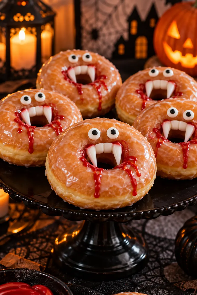 20 Easy Halloween Snacks You Can Make in Minutes 10 Vampire donuts with plastic fangs and candy eyes