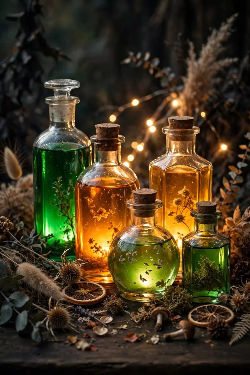 20 Halloween Table Decor Ideas for a Spooky Party 3 Apothecary potion bottles as Halloween table centerpiece