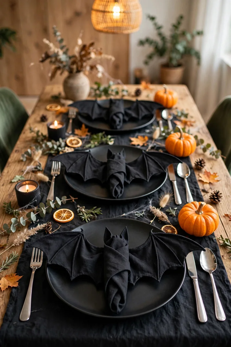 20 Halloween Table Decor Ideas for a Spooky Party 5 Bat-shaped napkin folds on black dinner plates