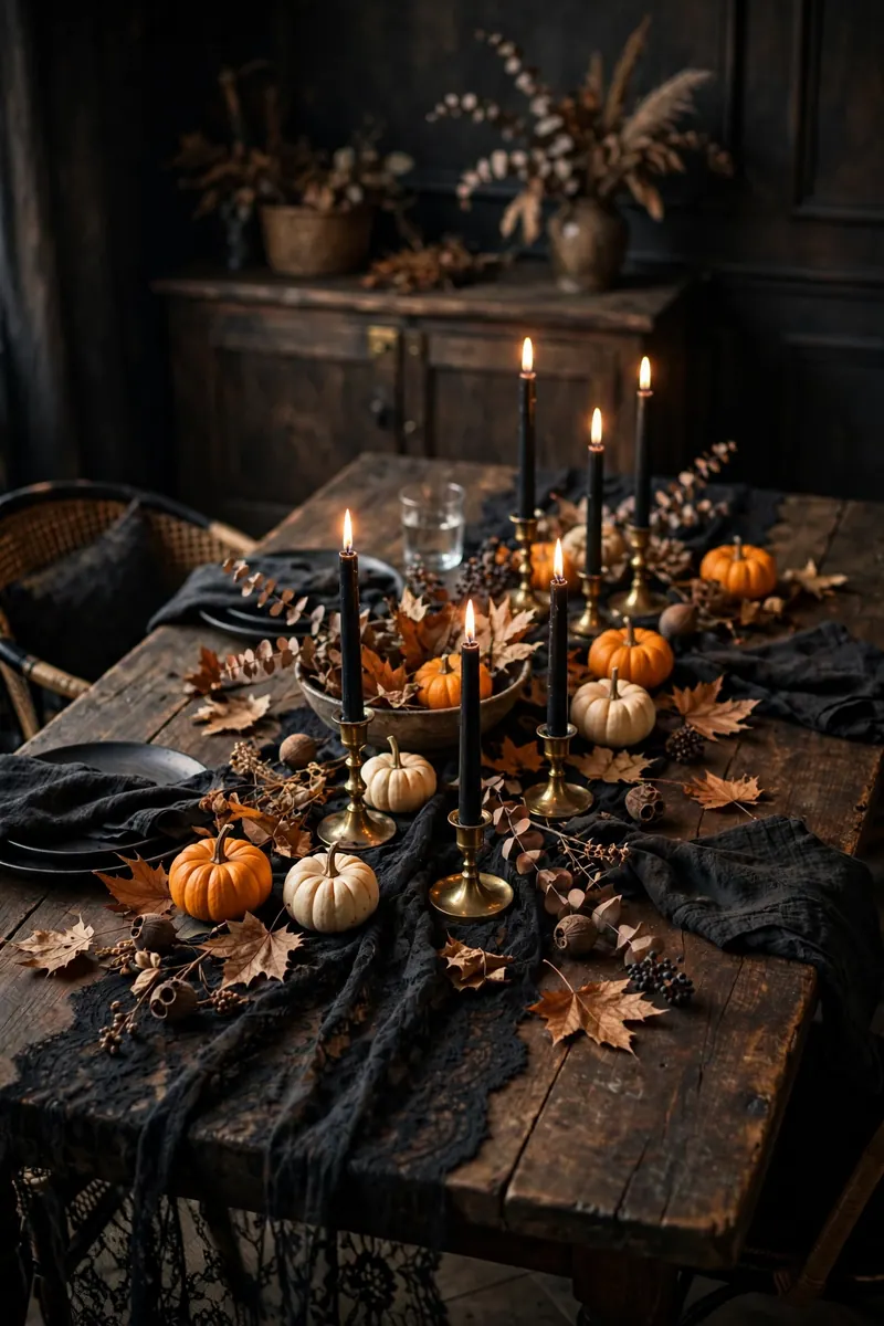 20 Halloween Table Decor Ideas for a Spooky Party 1 Black lace runner on a Halloween dinner table with candles