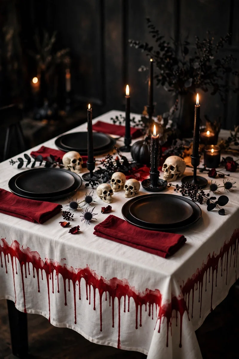 20 Halloween Table Decor Ideas for a Spooky Party 8 Tablecloth with red blood drip edge design