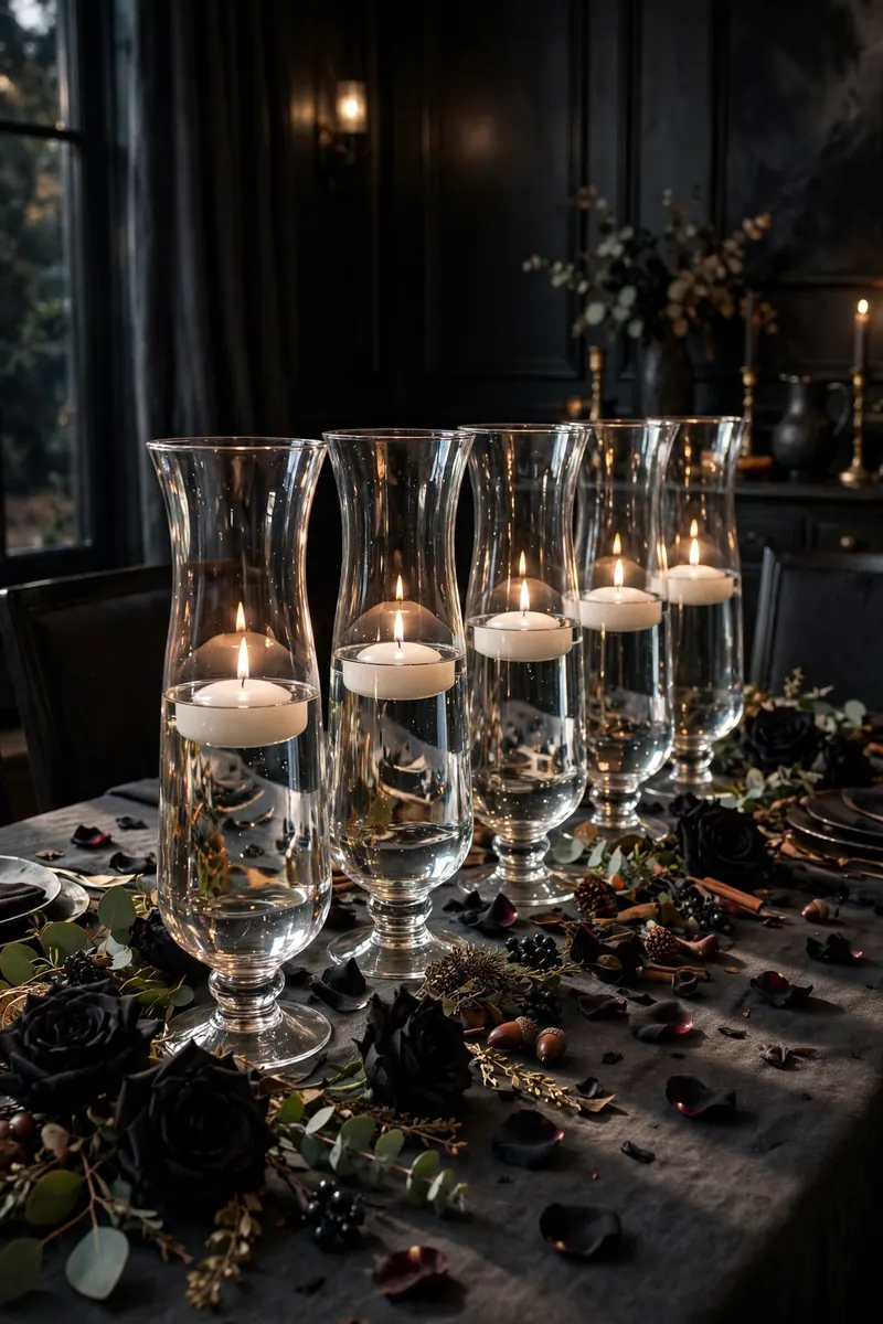 20 Halloween Table Decor Ideas for a Spooky Party 4 Floating candles in glass hurricane vases on a spooky table