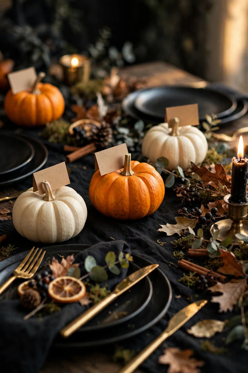 20 Halloween Table Decor Ideas for a Spooky Party 2 Mini pumpkins as place card holders on a Halloween table