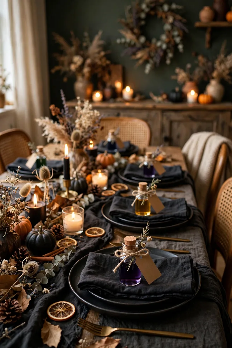 20 Halloween Table Decor Ideas for a Spooky Party 6 Tiny potion bottles as party favors at each place setting