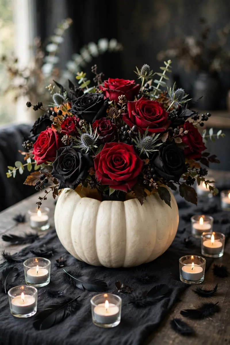 20 Halloween Table Decor Ideas for a Spooky Party 9 White pumpkin vase filled with black roses centerpiece
