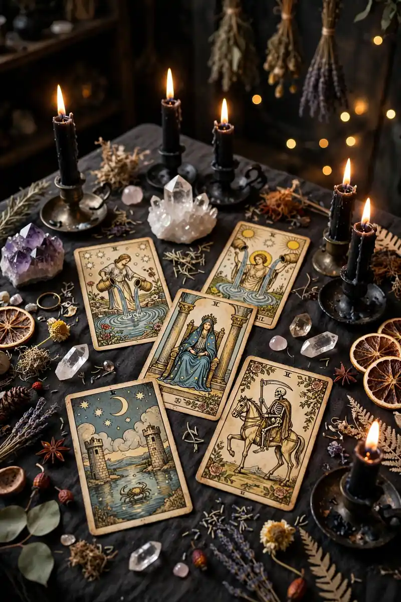 20 Halloween Table Decor Ideas for a Spooky Party 10 Tarot cards scattered on a candlelit Halloween table