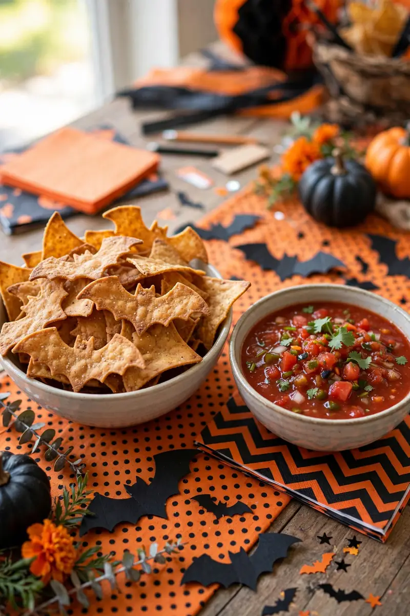Bat shaped tortilla chips served with individual cups of salsa