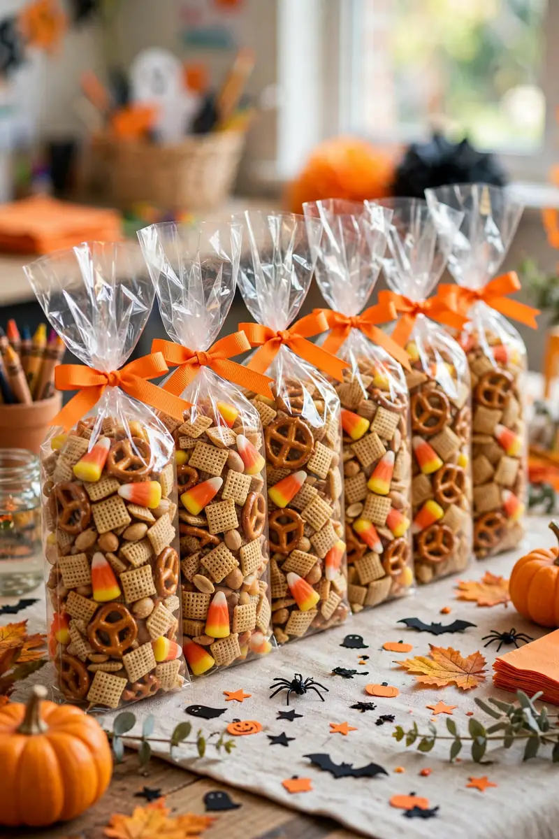 Candy corn Chex mix portioned into small treat bags tied with ribbon