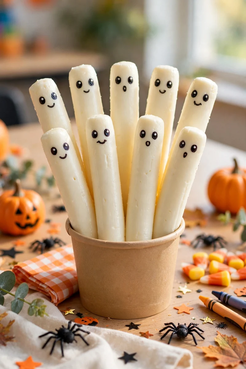 String cheese sticks with ghost faces drawn on the wrappers