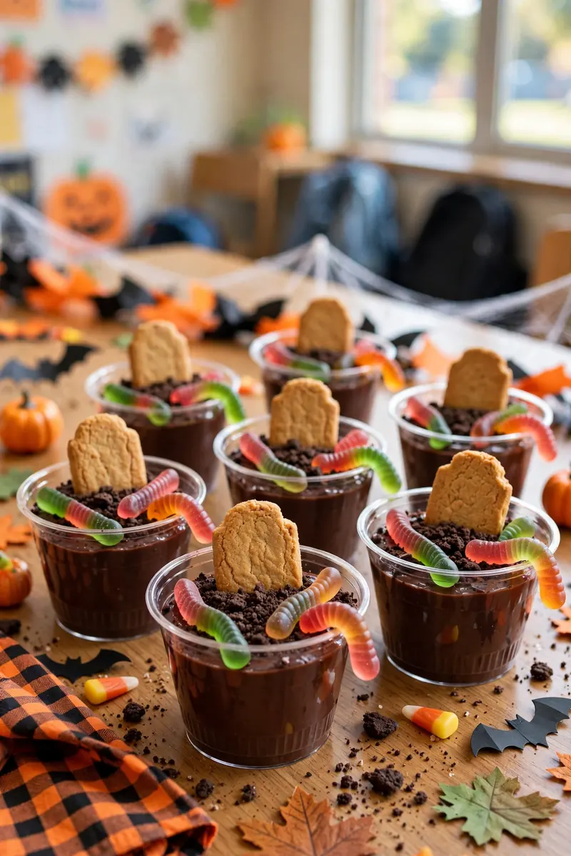 Graveyard dirt cups with cookie tombstones and gummy worms in chocolate pudding