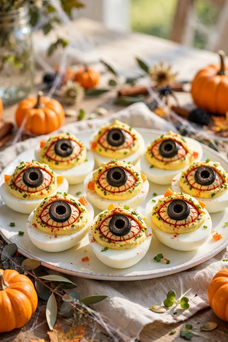 Deviled eggs decorated as monster eyes with olive slices and red pupils