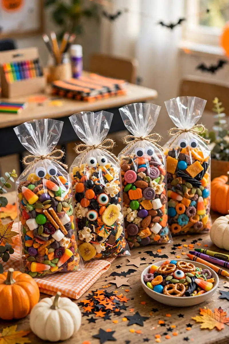 Monster trail mix bags with monster face stickers filled with pretzels and candy