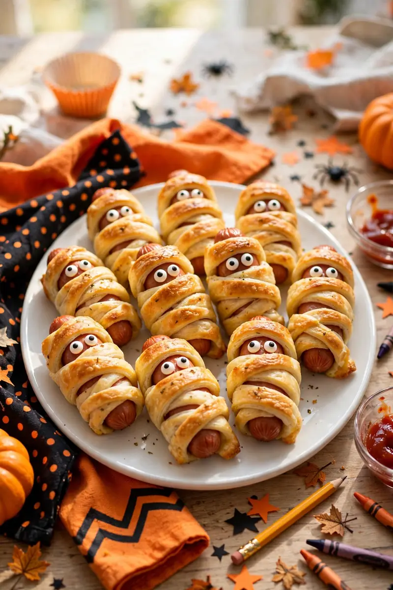 Mummy hot dogs wrapped in crescent dough with mustard eyes on a baking tray