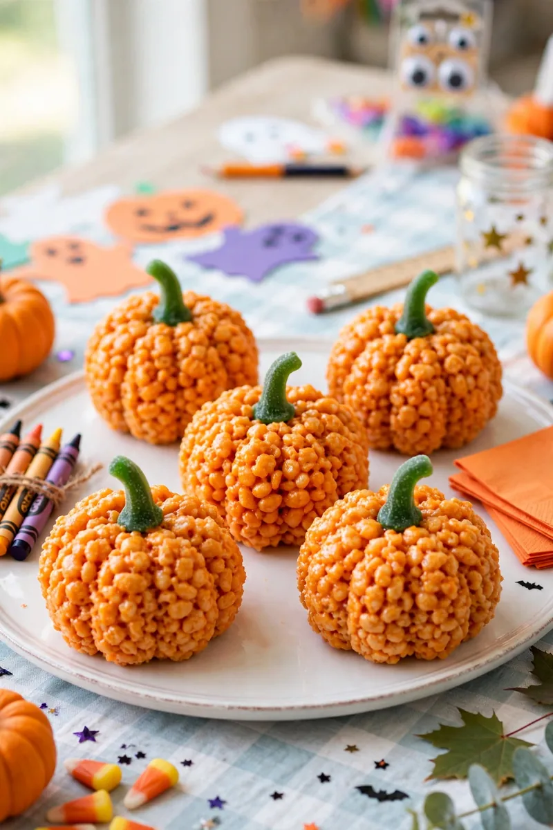 Pumpkin shaped Rice Krispie treats with pretzel stems wrapped in wax paper