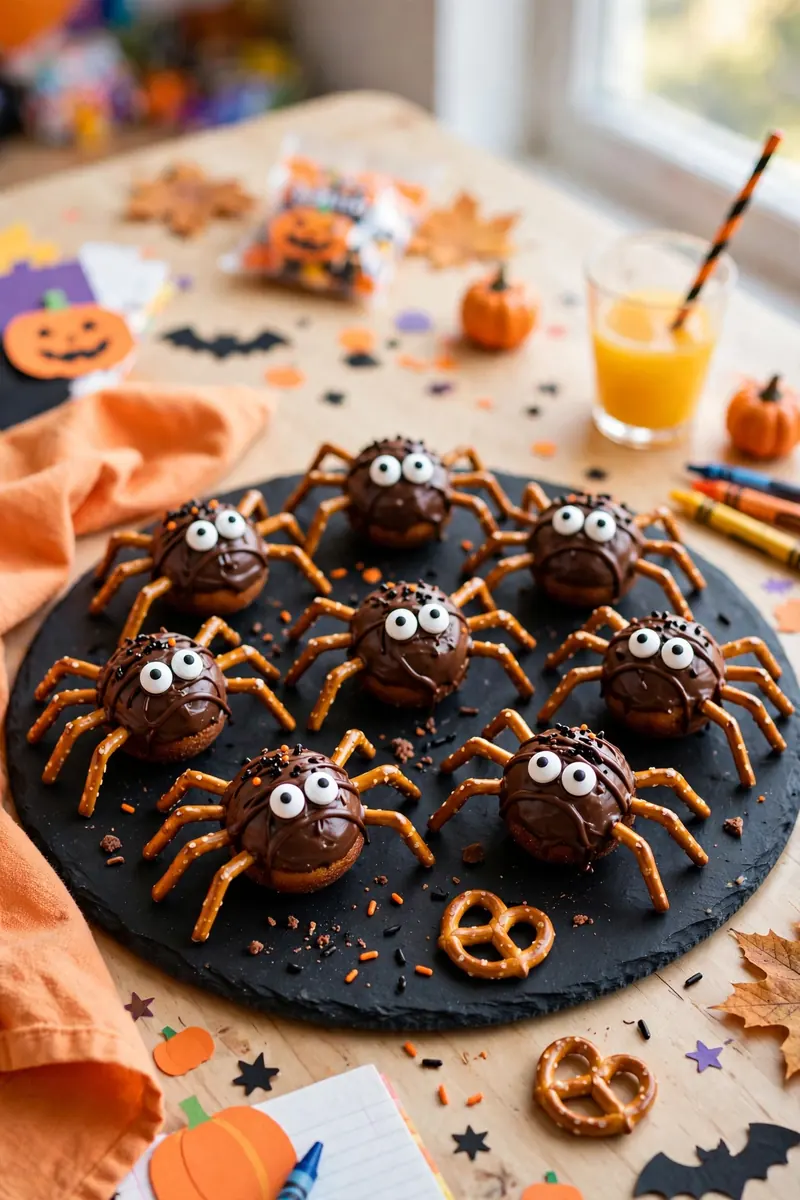 Mini donuts decorated as spiders with pretzel stick legs and candy eyes