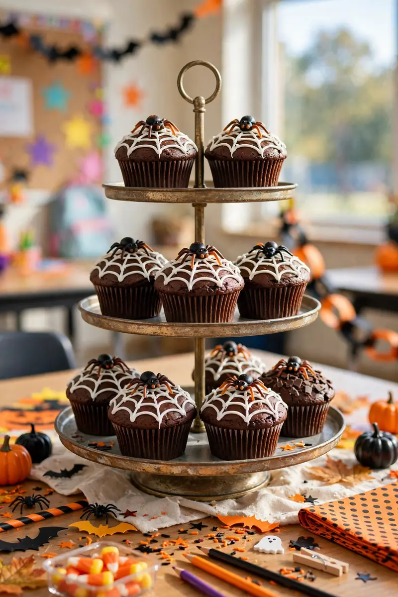 Chocolate cupcakes with white icing spiderweb design and plastic spider rings