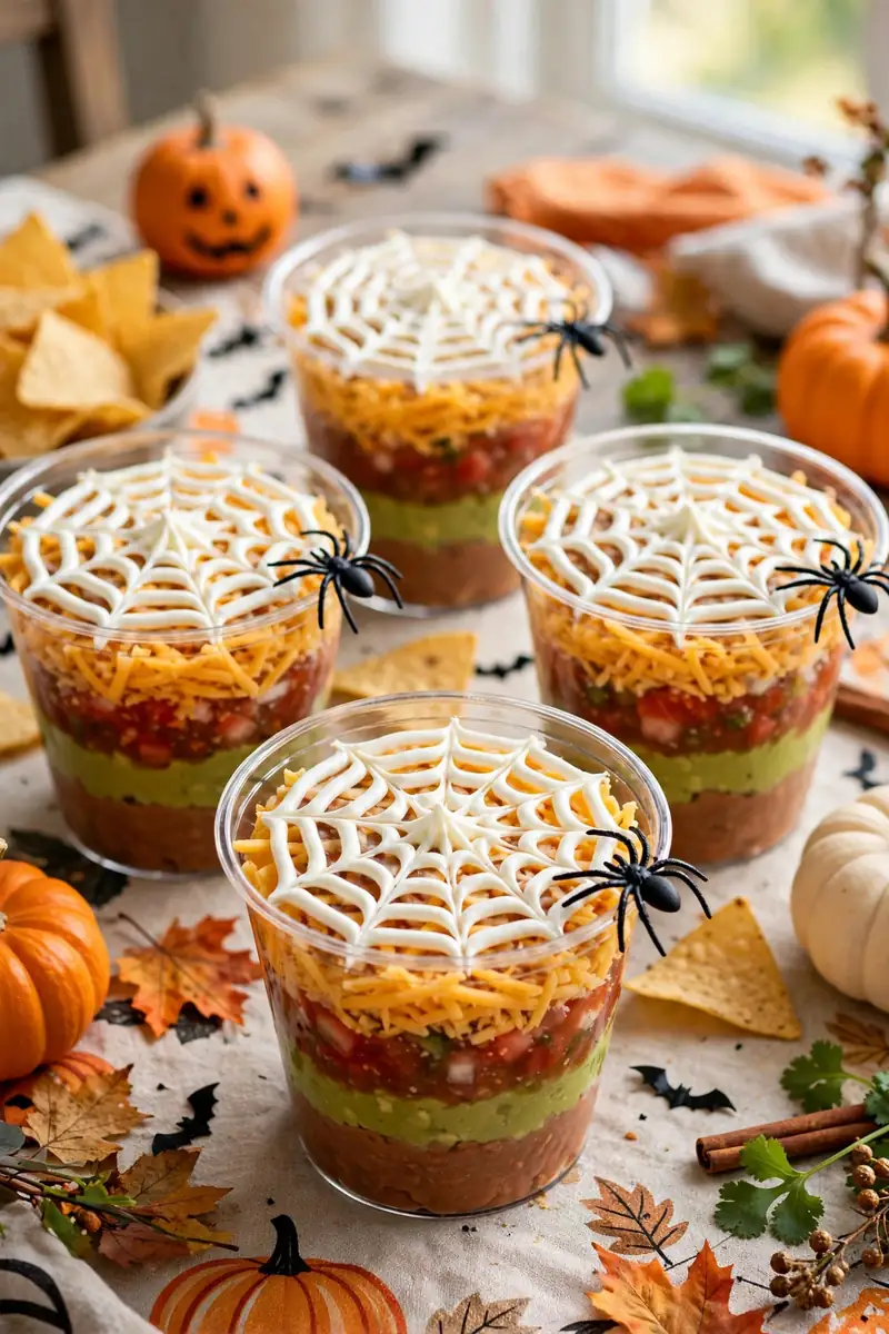 Individual taco dip cups with a sour cream spiderweb design on top