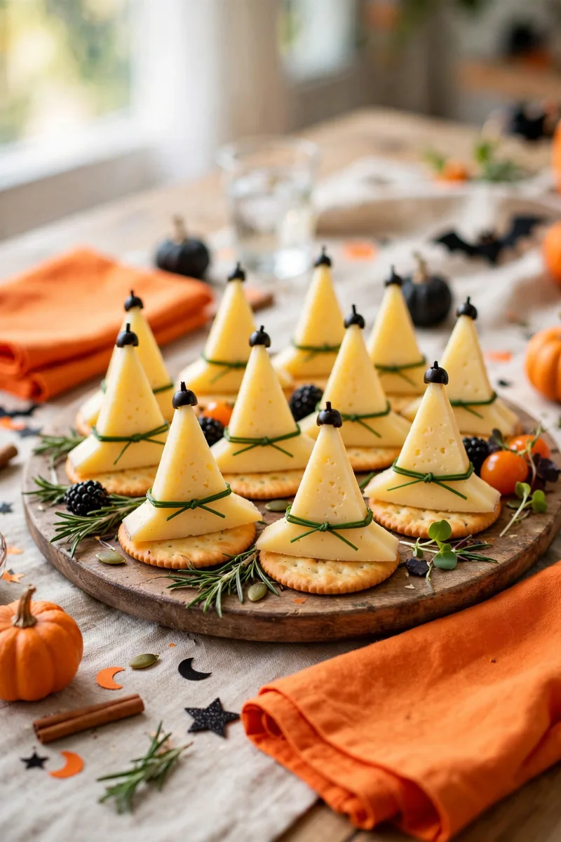 Witch hat stacks made from cheese triangles, crackers, and pretzel sticks