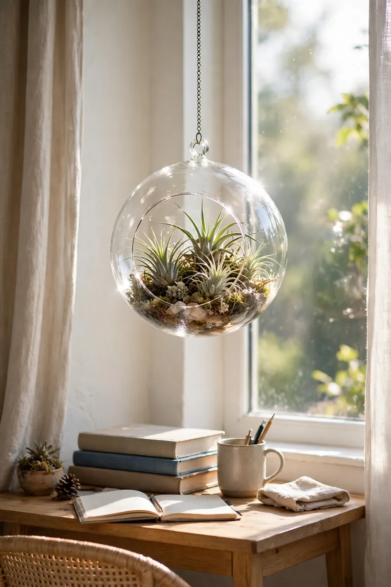 15 Hanging Plant Ideas That Save Space in a Small Bedroom 5 A glass globe terrarium with air plants hanging by a bedroom window on a thin chain, sunlight catching the glass. Small bedroom desk...