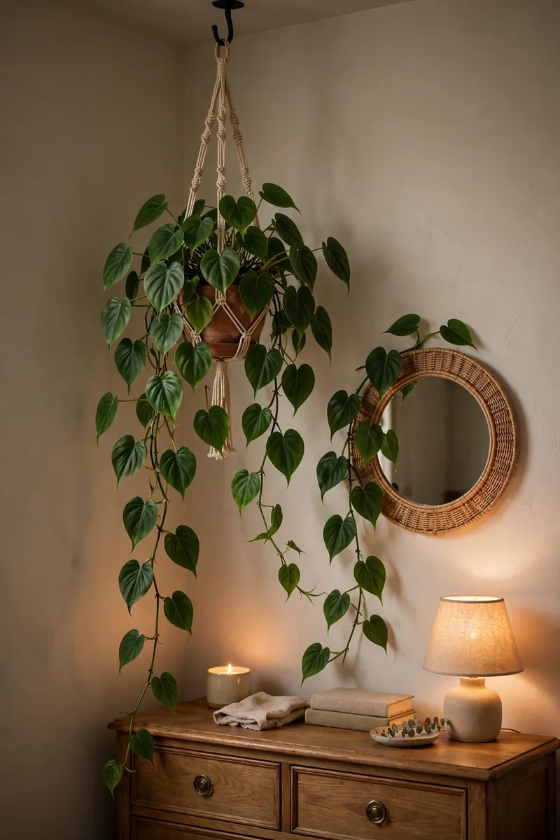 15 Hanging Plant Ideas That Save Space in a Small Bedroom 7 A heartleaf philodendron trailing down a bedroom wall from a ceiling hook above a wooden dresser, long green vines cascading beside a...
