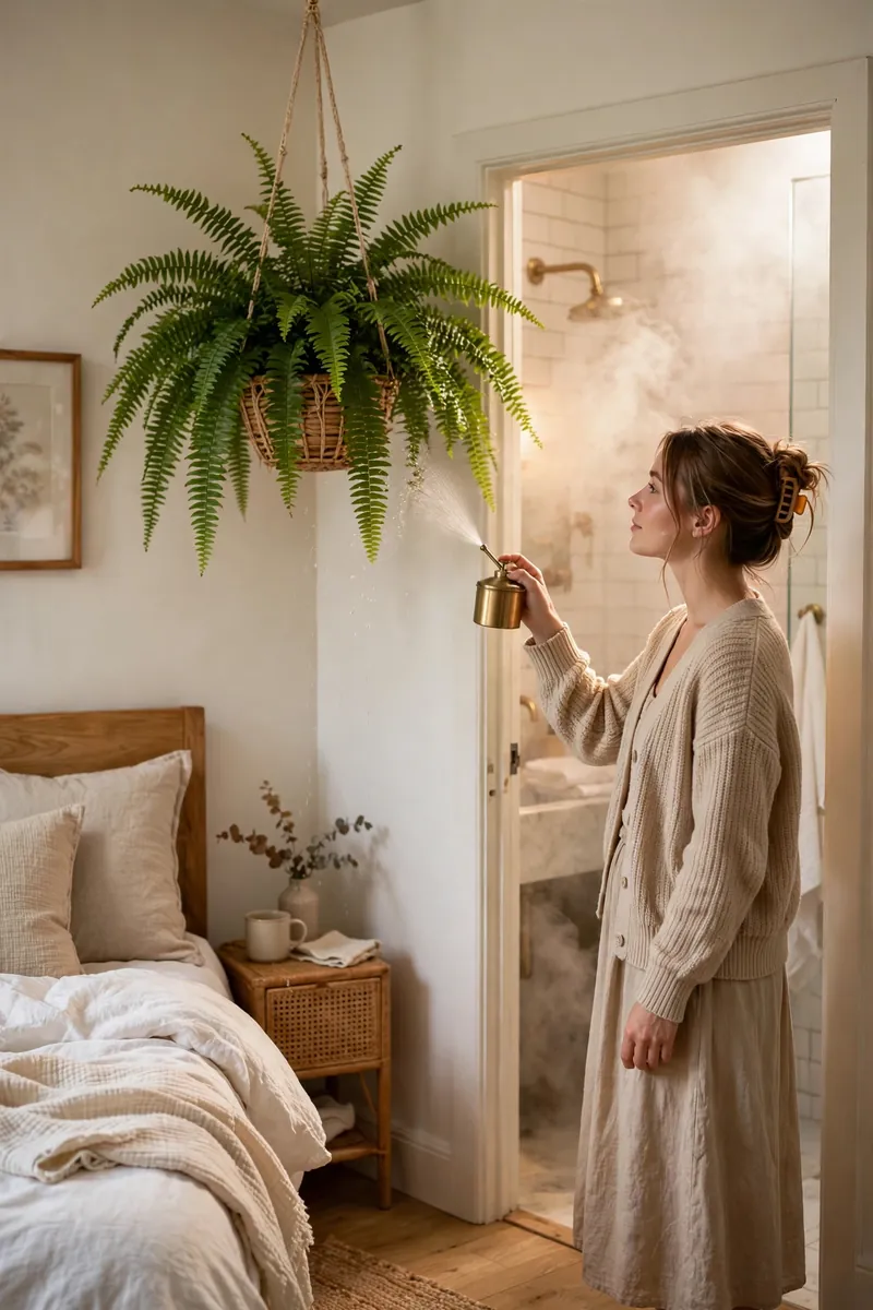 15 Hanging Plant Ideas That Save Space in a Small Bedroom 3 A lush Boston fern in a hanging basket in the corner between a small bedroom and an open bathroom doorway, steam softly in the air. A...